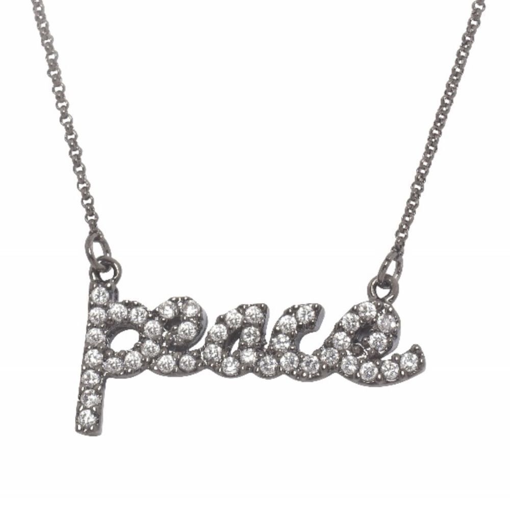 New Lisa Freede CZ Peace Script Gunmetal Necklace Edgy Rock Romantic